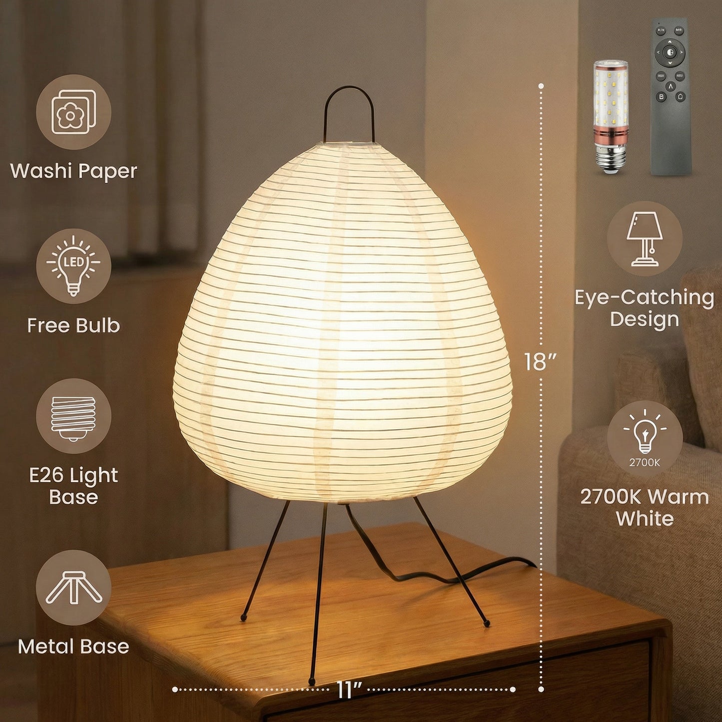 Japanese Rice Paper Table Lamp – Dimmable Lantern Light for Modern Interiors