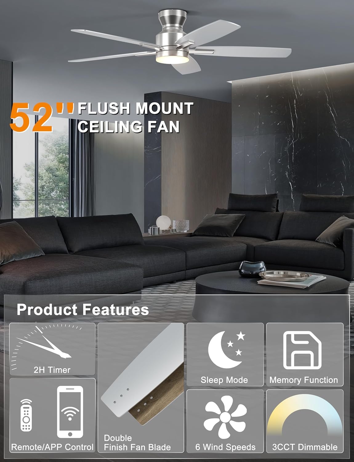 Ohniyou Ceiling Fans with Lights, 42'' Low Profile Ceiling Fan with Light and Remote/APP Control