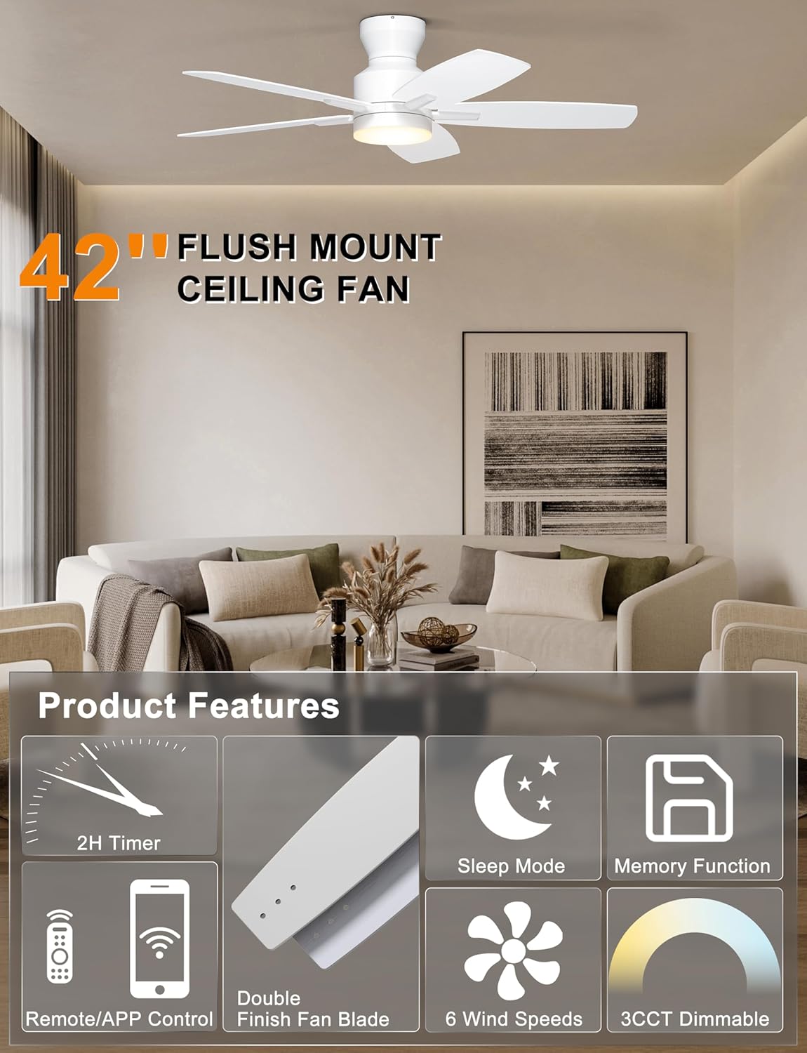 Ohniyou Ceiling Fans with Lights, 42'' Low Profile Ceiling Fan with Light and Remote/APP Control