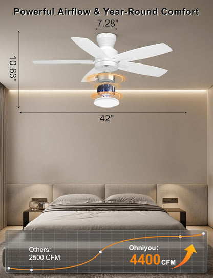 Ohniyou Ceiling Fans with Lights, 42'' Low Profile Ceiling Fan with Light and Remote/APP Control
