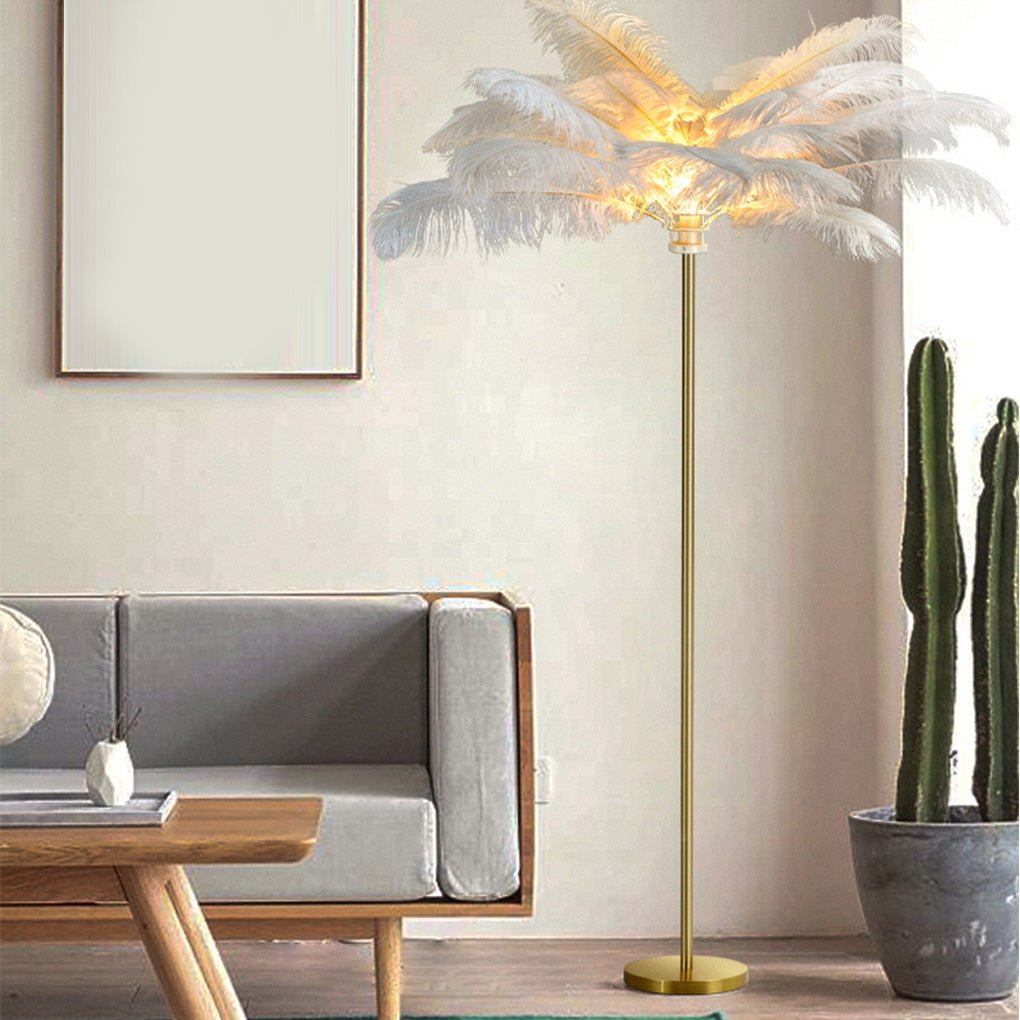Elegant Feather Floor Lamp | Modern Gold Standing Lamp with Gilded Base | Glamorous Lighting for Living Room Decor
