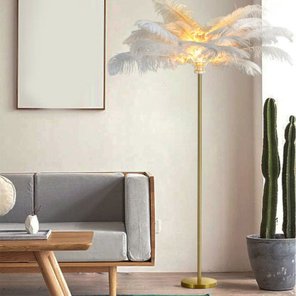 Elegant Feather Floor Lamp | Modern Gold Standing Lamp with Gilded Base | Glamorous Lighting for Living Room Decor
