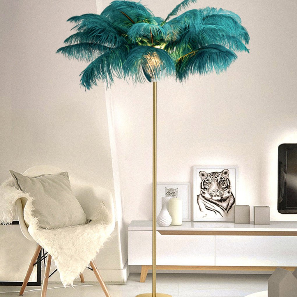 Elegant Feather Floor Lamp | Modern Gold Standing Lamp with Gilded Base | Glamorous Lighting for Living Room Decor