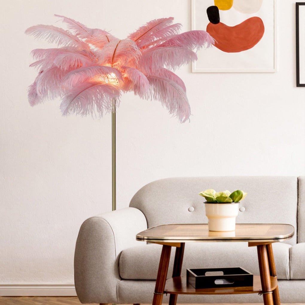 Elegant Feather Floor Lamp | Modern Gold Standing Lamp with Gilded Base | Glamorous Lighting for Living Room Decor