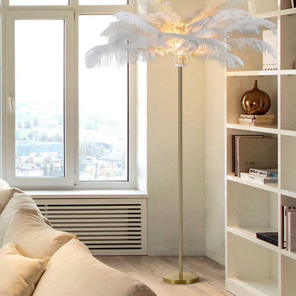 Elegant Feather Floor Lamp | Modern Gold Standing Lamp with Gilded Base | Glamorous Lighting for Living Room Decor