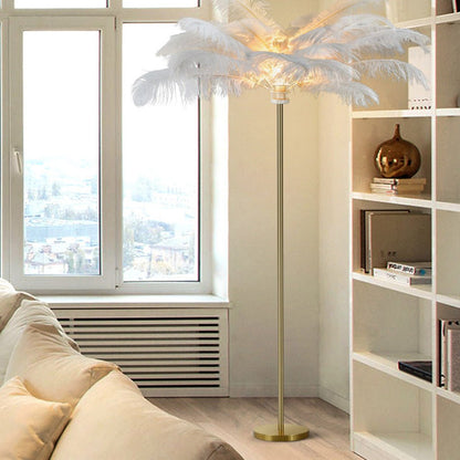Elegant Feather Floor Lamp | Modern Gold Standing Lamp with Gilded Base | Glamorous Lighting for Living Room Decor