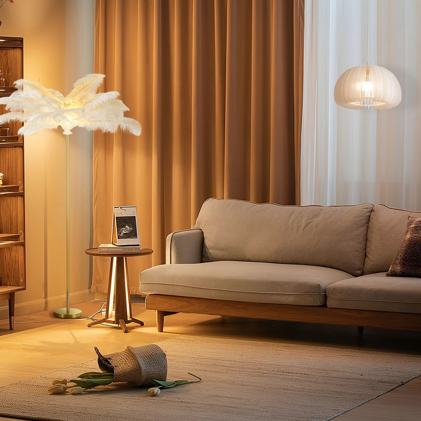 Elegant Feather Floor Lamp | Modern Gold Standing Lamp with Gilded Base | Glamorous Lighting for Living Room Decor
