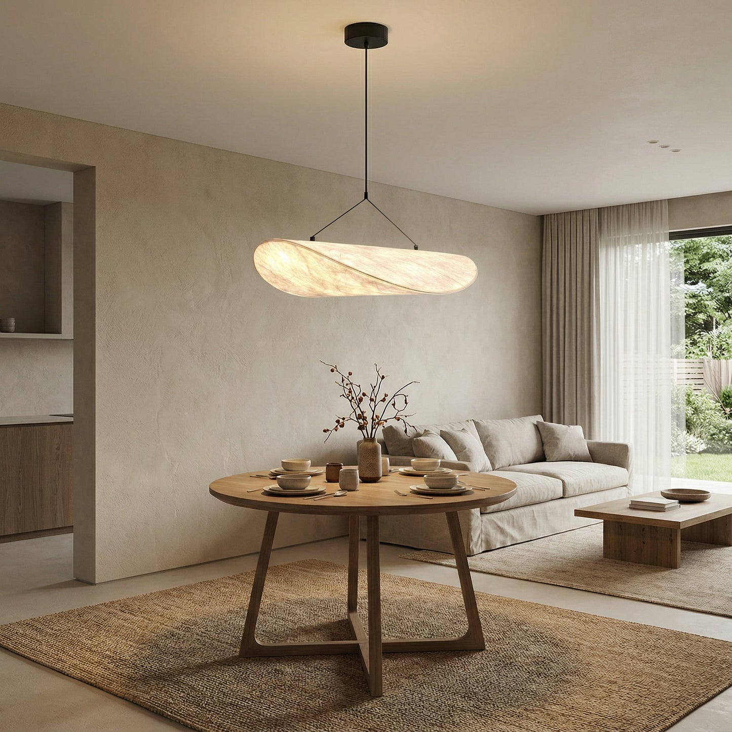 Japandi Collection | Black Pendant Lighting with Silk Shade & LED | Elegant Hanging Light for Cozy Ambiance