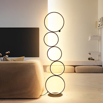 Layered Art | Modern Floor Lamp with Touch Dimming & Five-Ring Design | Black Standing Lamp for Cozy Ambiance