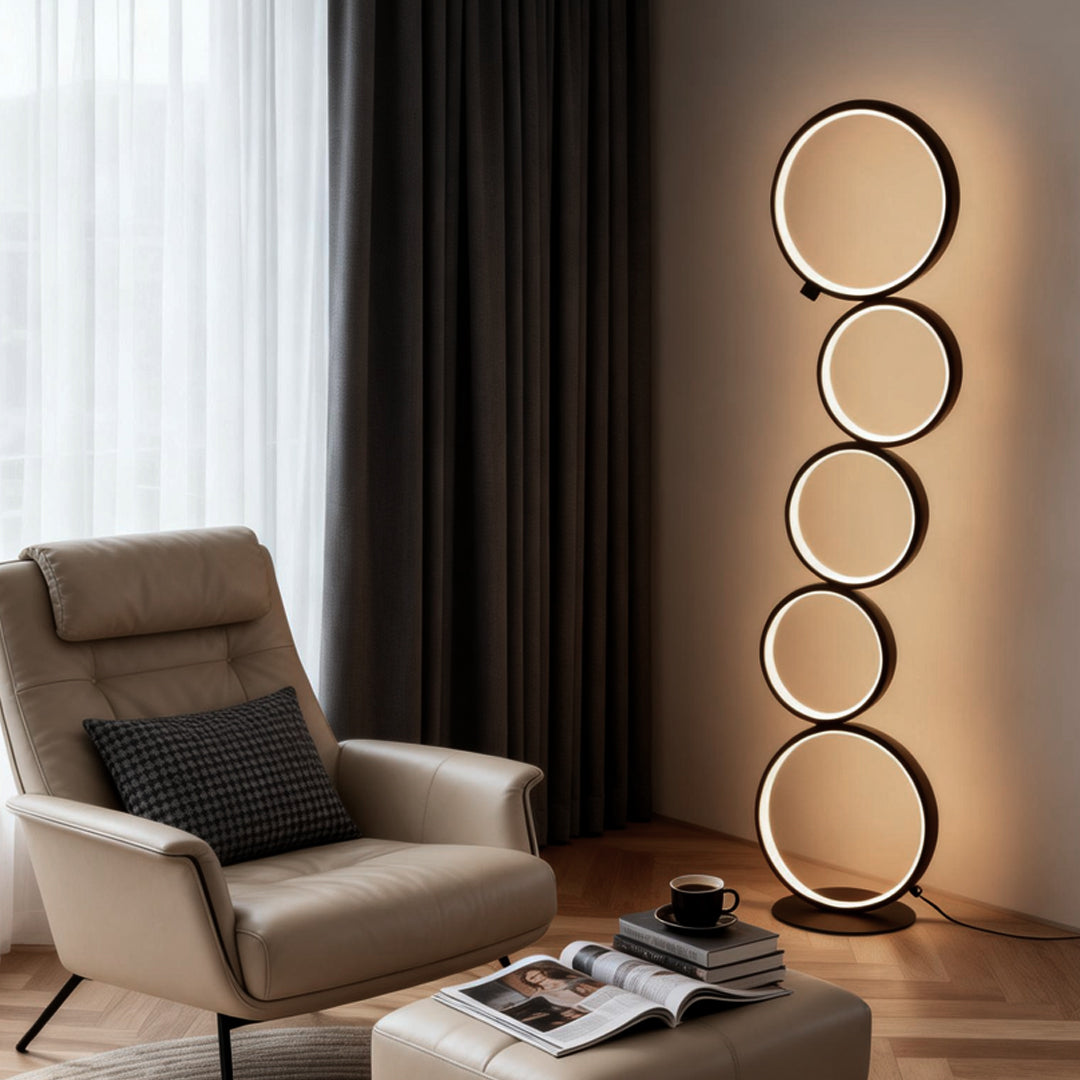 Layered Art | Modern Floor Lamp with Touch Dimming & Five-Ring Design | Black Standing Lamp for Cozy Ambiance