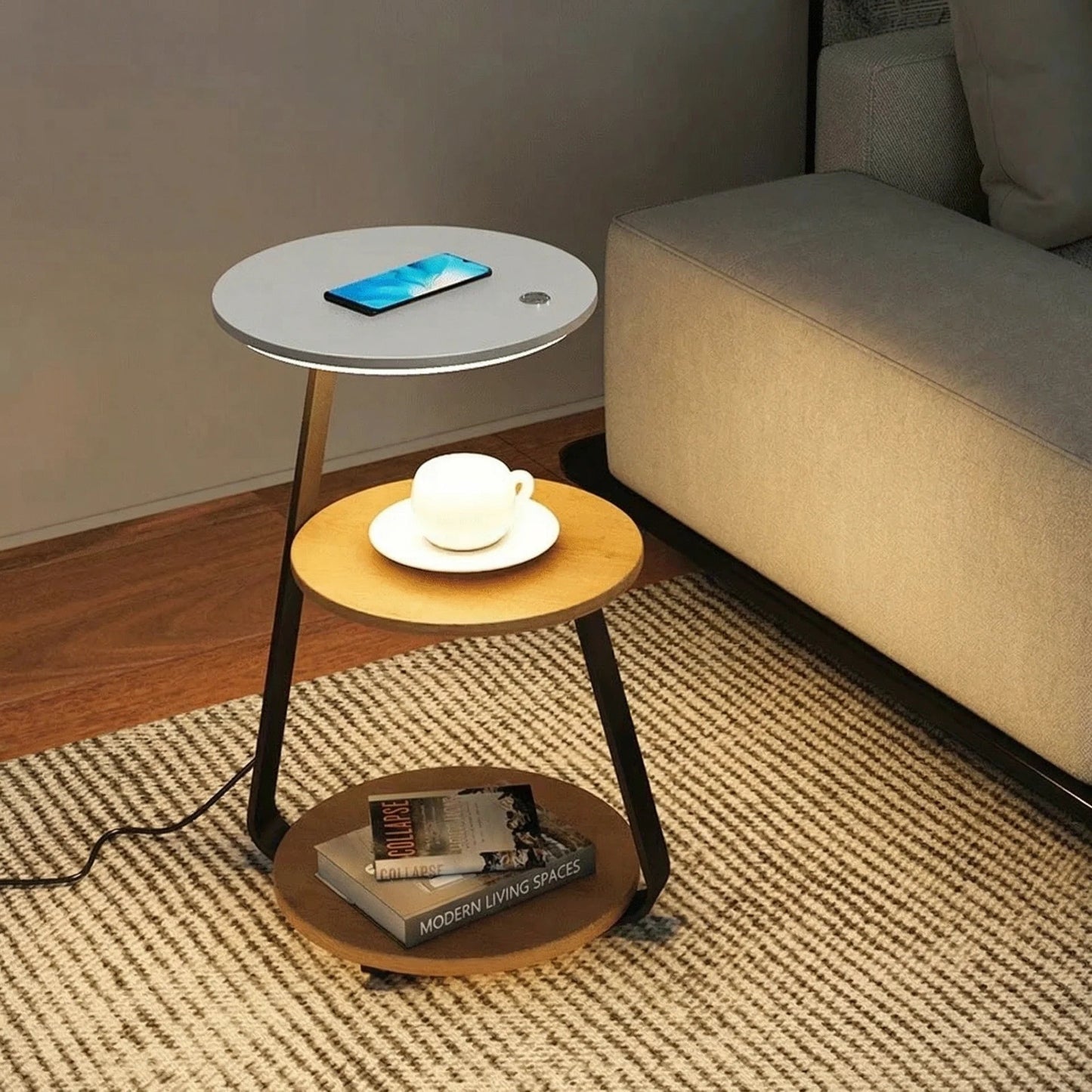 Signature Side Table with Wireless Charger & Ambient Lighting | Modern Design for Small Spaces