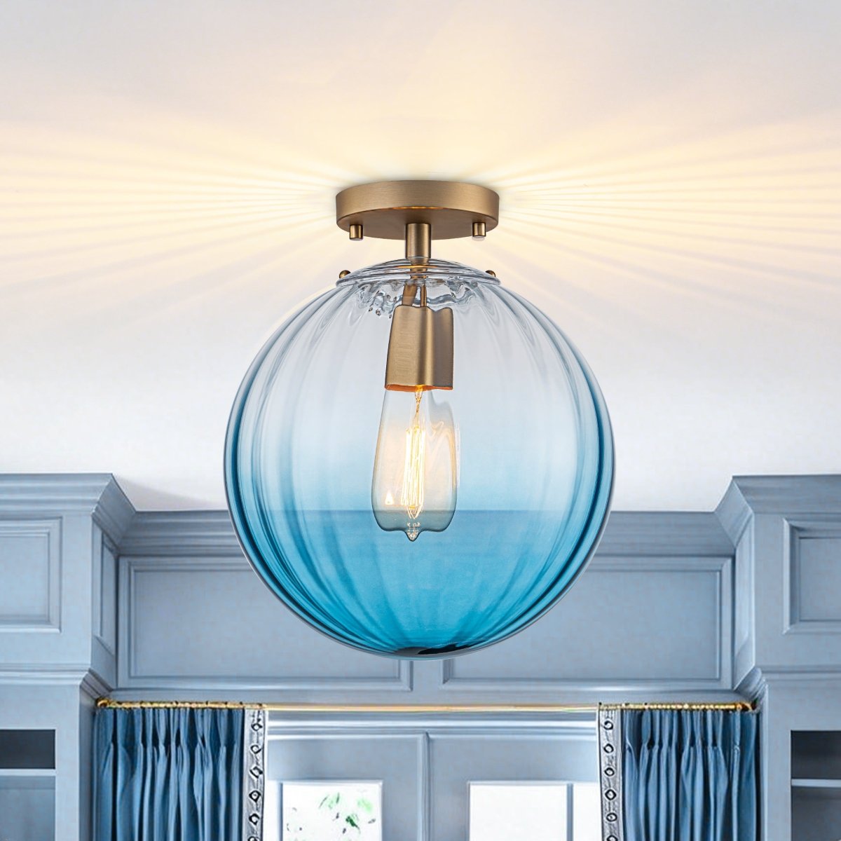 1-Light Semi-Flush Ceiling Light – Striped Glass Orb Design