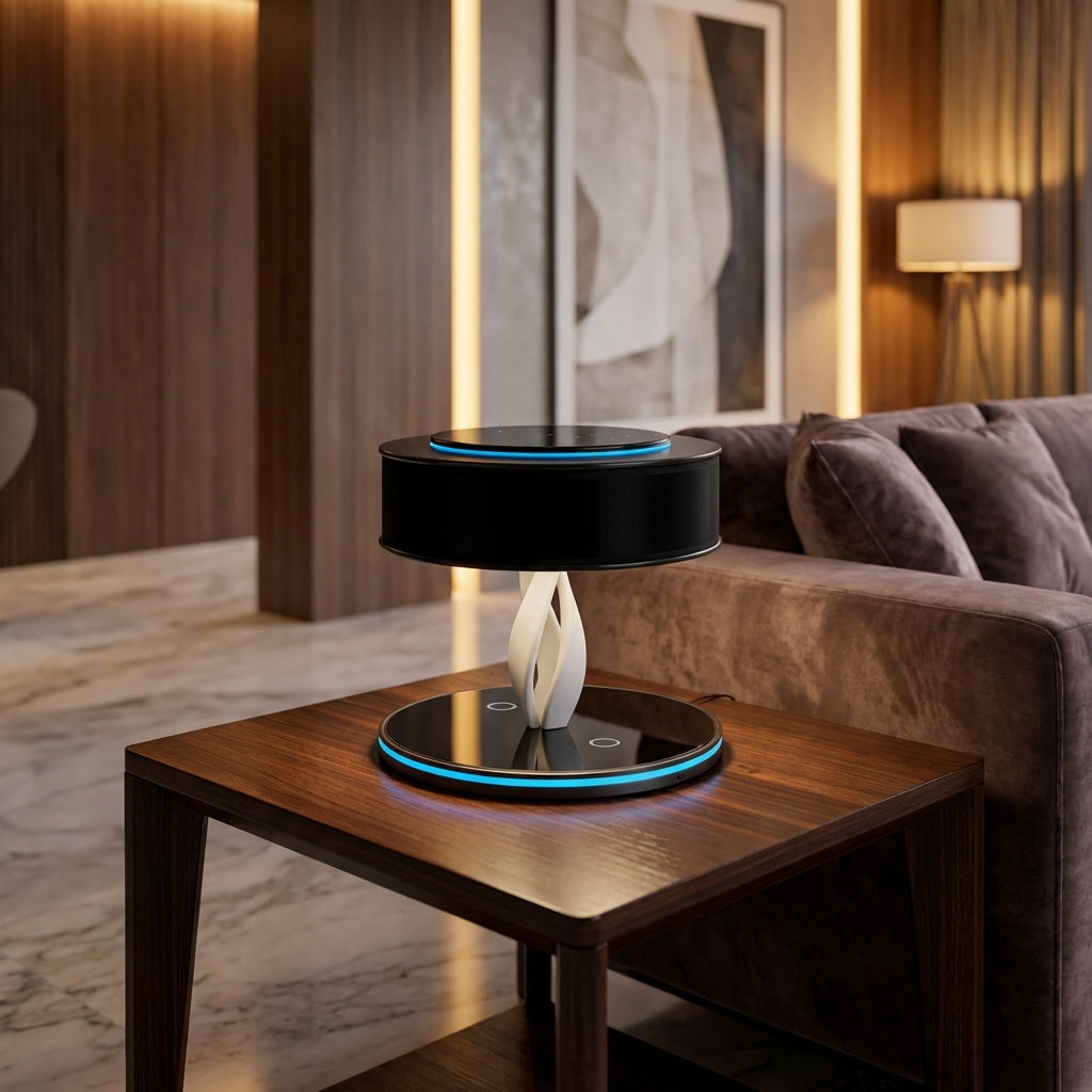 Modern Black Lamp | Wireless Charging & Bluetooth Speakers | Adjustable Brightness for Ultimate Convenience