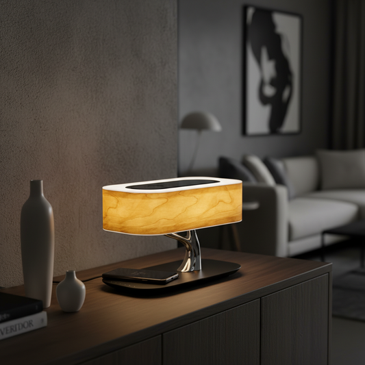 Modern Aesthetic | Table Lamp with Wireless Charging & Bluetooth Speakers | Stylish Home Decor for Convenience and Sound