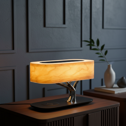 Modern Aesthetic | Table Lamp with Wireless Charging & Bluetooth Speakers | Stylish Home Decor for Convenience and Sound