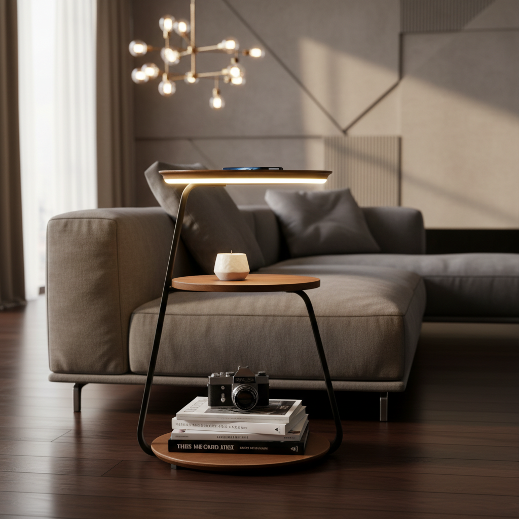 Signature Side Table with Wireless Charger & Ambient Lighting | Modern Design for Small Spaces