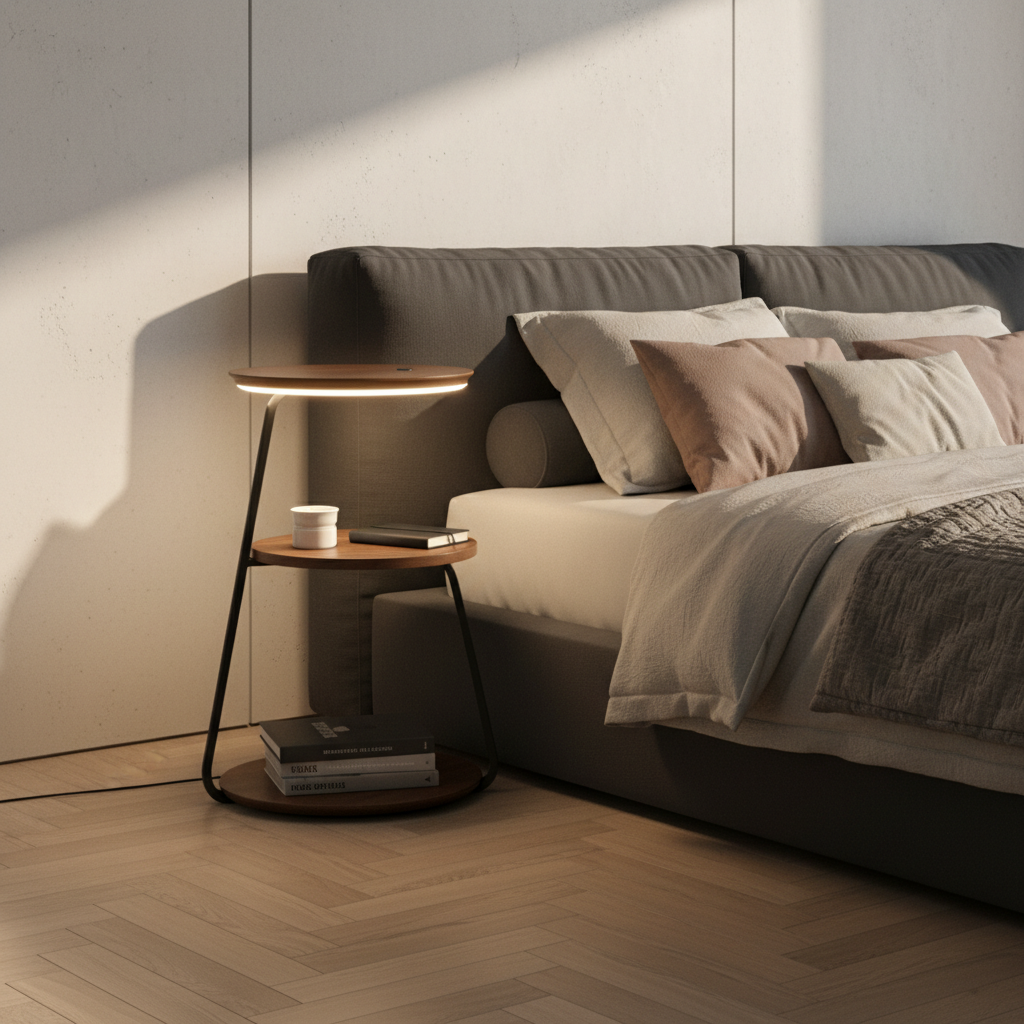 Signature Side Table with Wireless Charger & Ambient Lighting | Modern Design for Small Spaces
