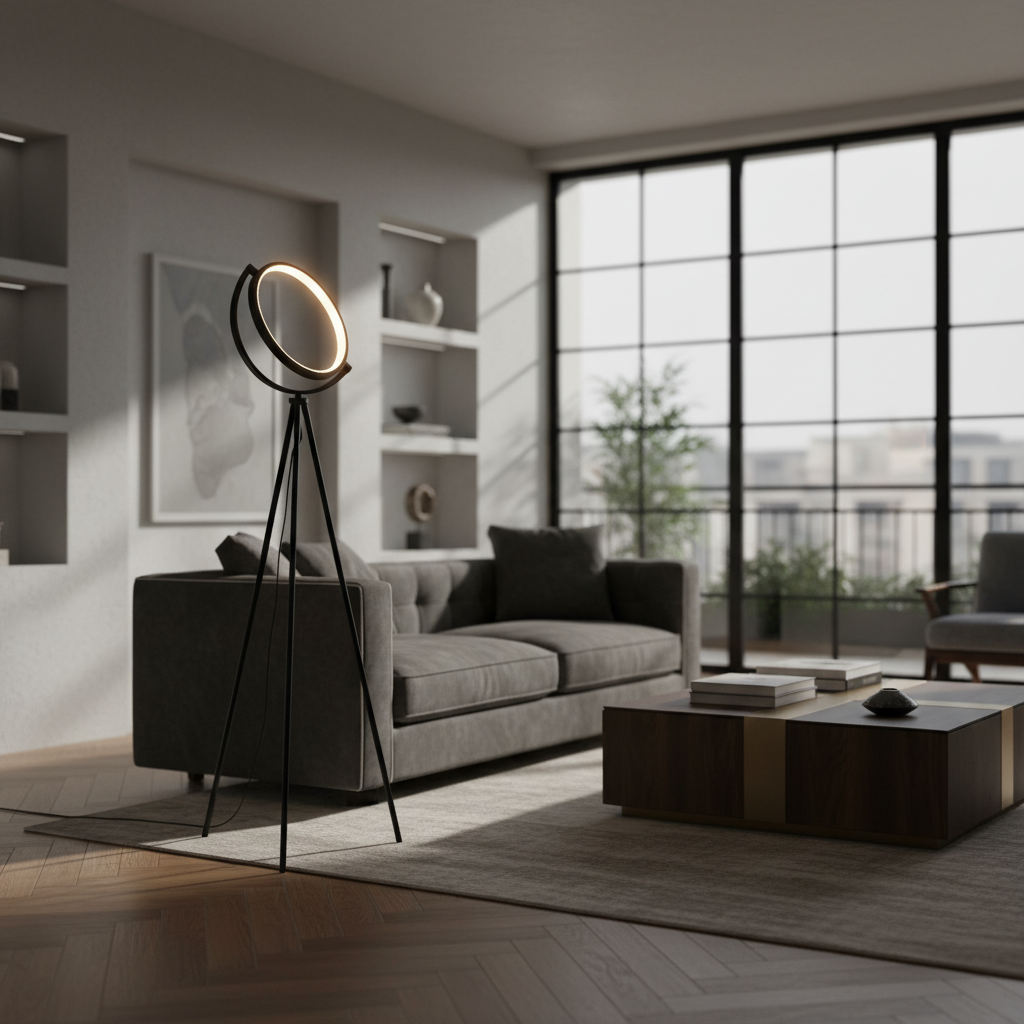 Halo Collection | Modern Floor Lamp with Adjustable LED Light | Sleek Black Design for Elegant Living Room Decor