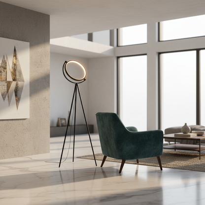 Halo Collection | Modern Floor Lamp with Adjustable LED Light | Sleek Black Design for Elegant Living Room Decor