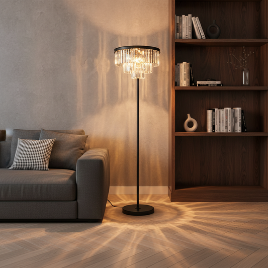 Elegant Crystal Floor Lamp | Black Standing Lamp with Handcrafted Shade | Luxurious Lighting for Living Rooms