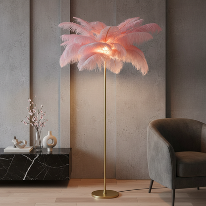 Elegant Feather Floor Lamp | Modern Gold Standing Lamp with Gilded Base | Glamorous Lighting for Living Room Decor