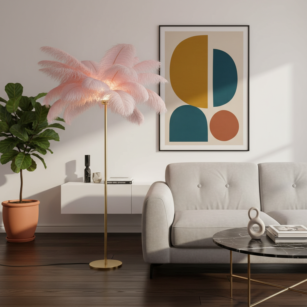 Elegant Feather Floor Lamp | Modern Gold Standing Lamp with Gilded Base | Glamorous Lighting for Living Room Decor