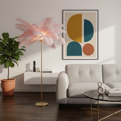 Elegant Feather Floor Lamp | Modern Gold Standing Lamp with Gilded Base | Glamorous Lighting for Living Room Decor