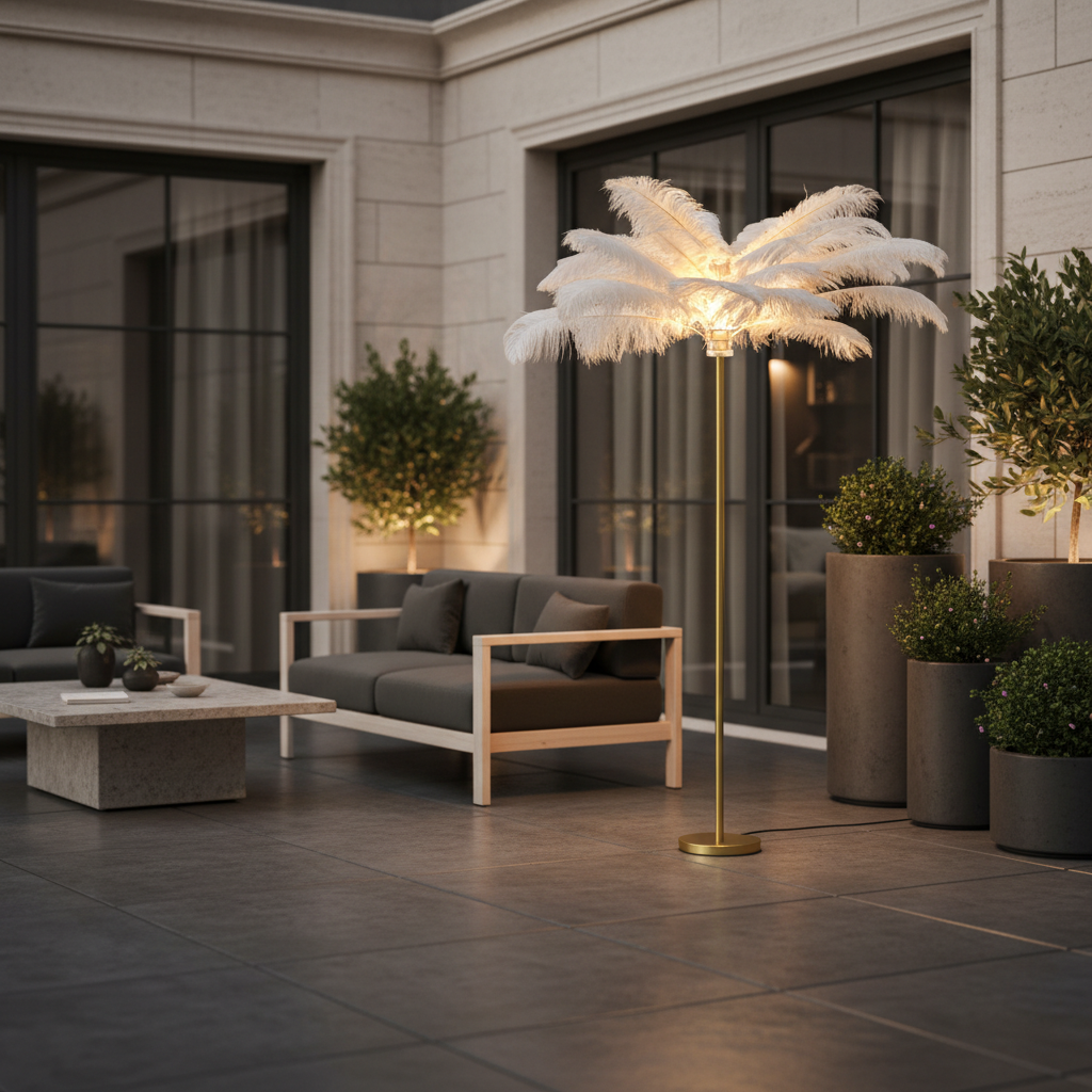 Elegant Feather Floor Lamp | Modern Gold Standing Lamp with Gilded Base | Glamorous Lighting for Living Room Decor