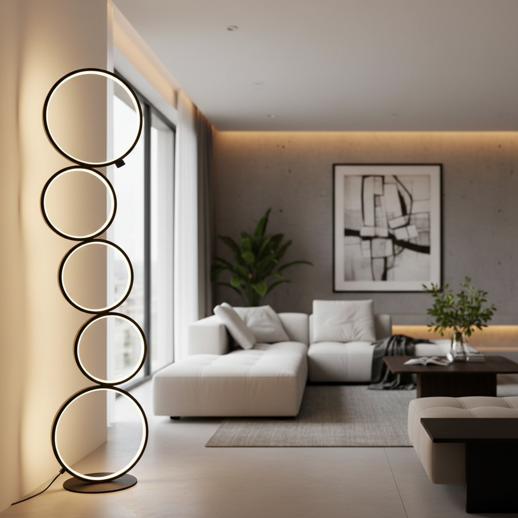 Layered Art | Modern Floor Lamp with Touch Dimming & Five-Ring Design | Black Standing Lamp for Cozy Ambiance