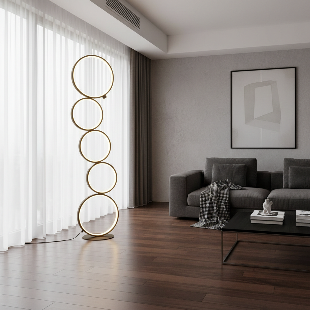 Layered Art | Modern Floor Lamp with Touch Dimming & Five-Ring Design | Black Standing Lamp for Cozy Ambiance