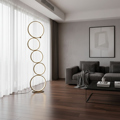 Layered Art | Modern Floor Lamp with Touch Dimming & Five-Ring Design | Black Standing Lamp for Cozy Ambiance