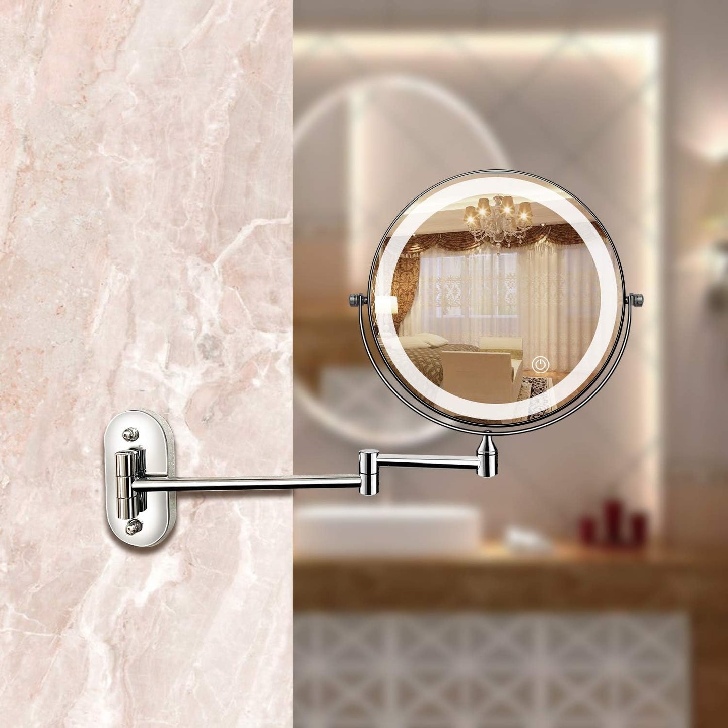 LED Wall Mirror with Chrome Frame and Magnifier
