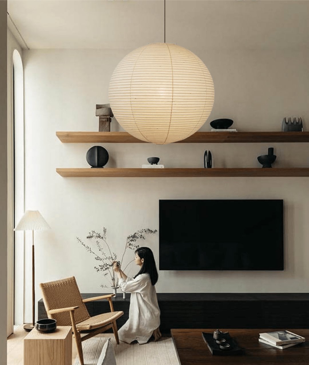 Japanese Rice Paper Lantern Ceiling Light – Minimalist Japandi Pendant Lamp